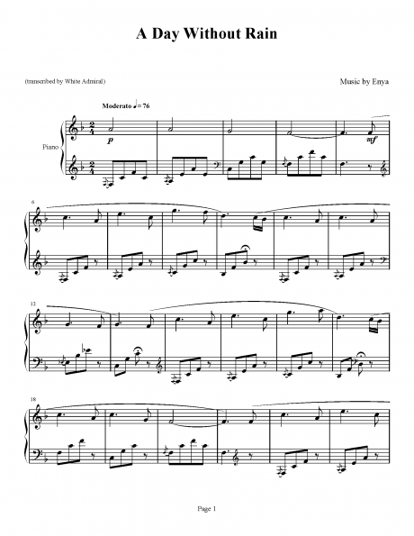 A Day without Rain - Enya | Piano Sheet Music Soundtracks